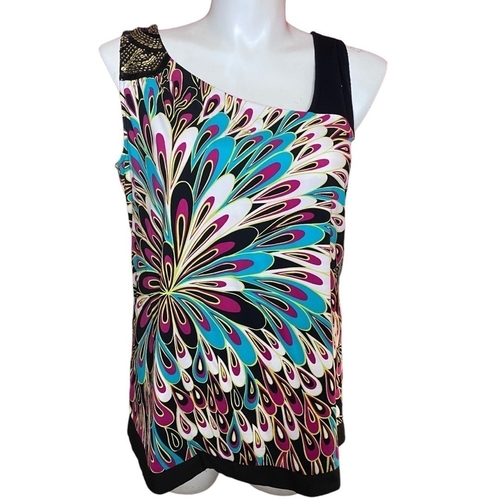 Nicole By Nicole Miller AsymmetricTop Sequins/Beads Peacock Print Size XL